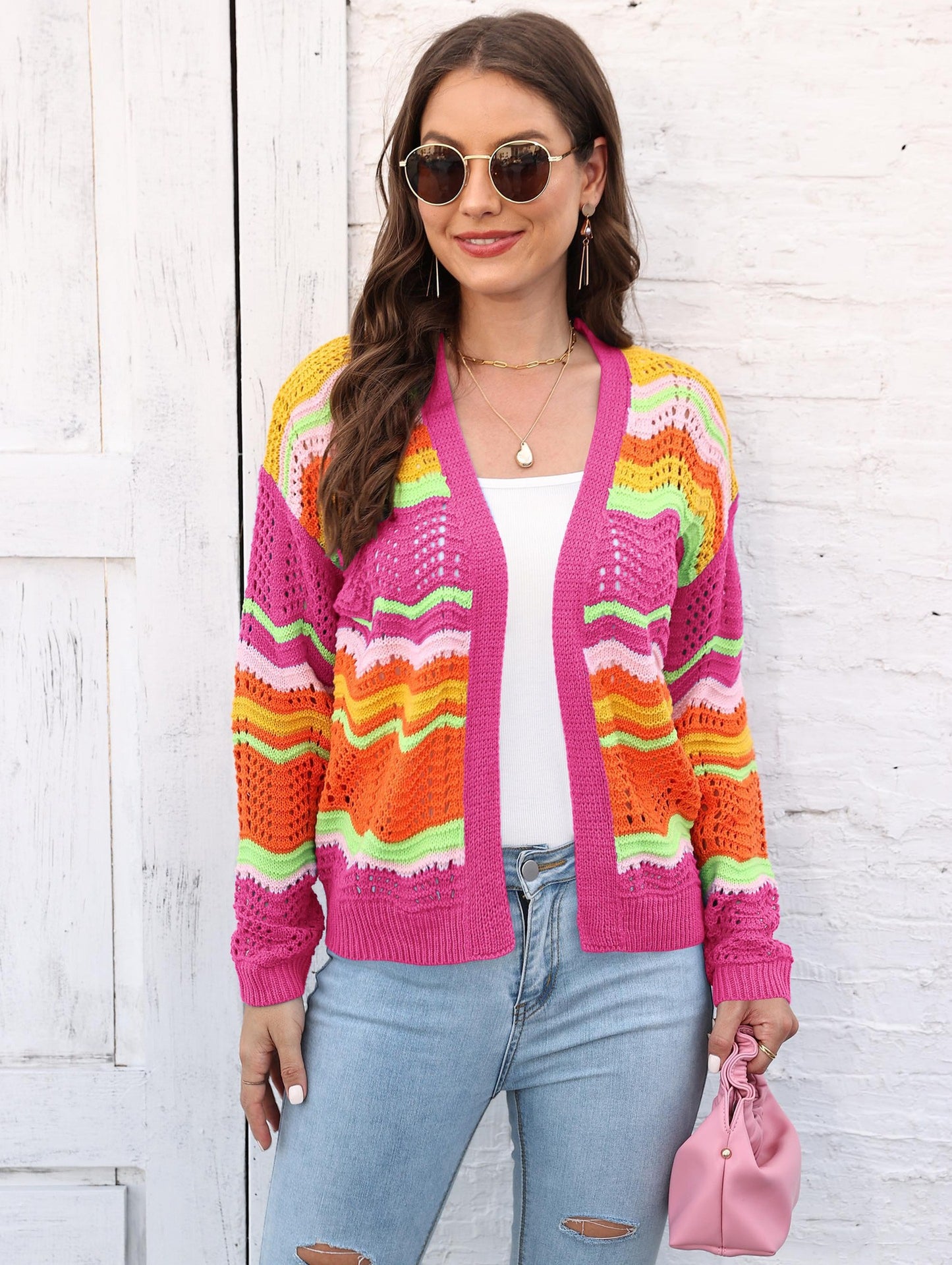 Women's Rainbow Patchwork Striped Sweater Jacket