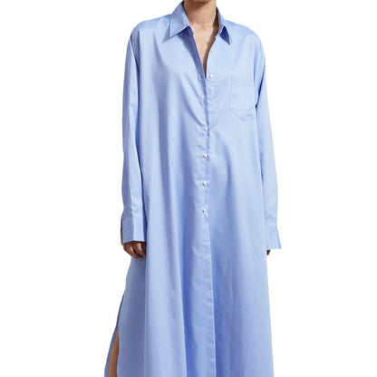 Cotton Maxi Shirt Dress Long Sleeve Collared Slit