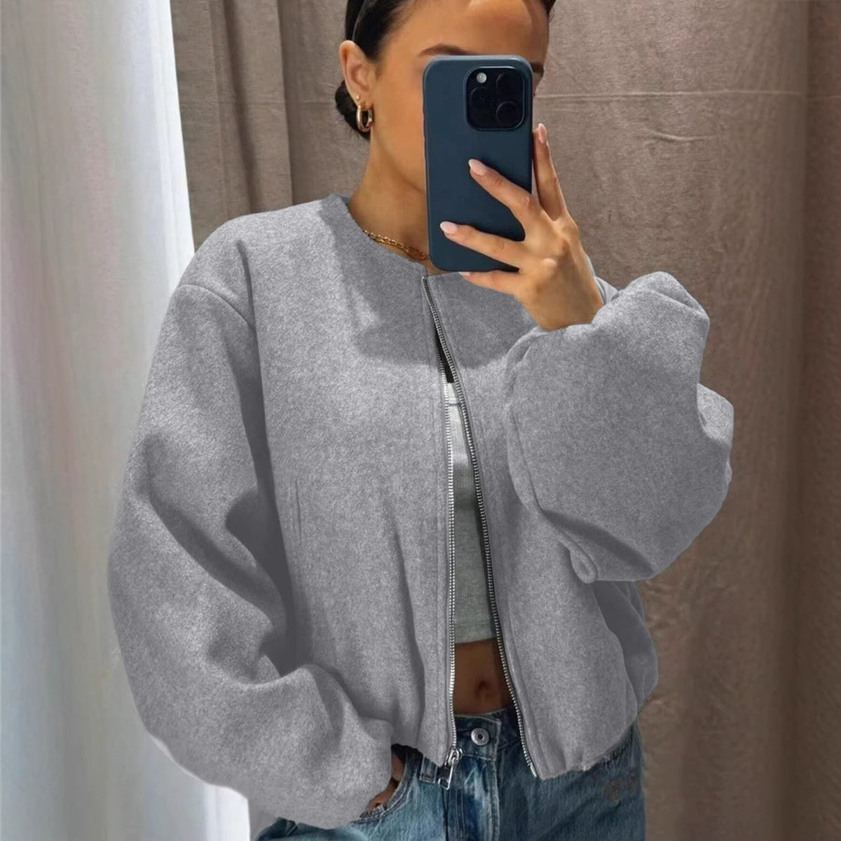 Women's Cropped Zip Up Bomber Jacket Soft Lightweight