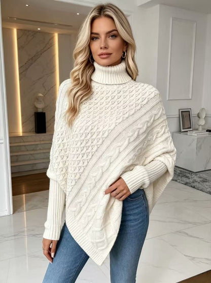 Women's Oversized Cable Knit Turtleneck Poncho Sweater