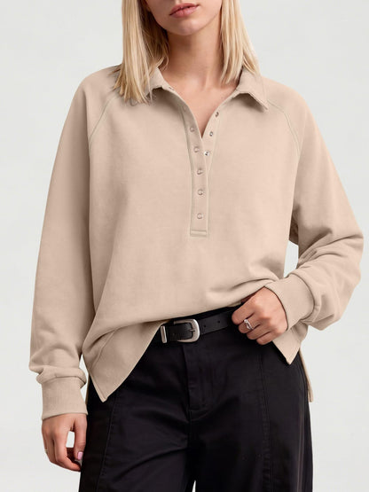 Women's Oversized Collared Button Pullover Sweatshirt
