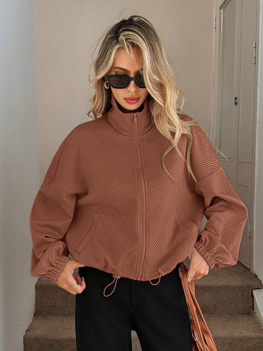 Textured Zip Up Bomber Jacket Drawstring Hem Casual Coat