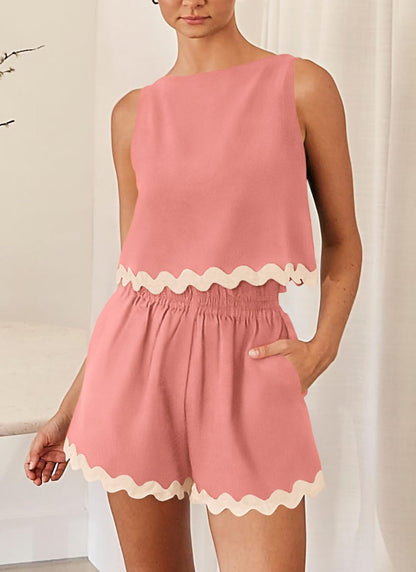 Linen Lace Two-Piece Set - Summer Crew Neck Vest & Shorts