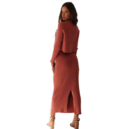 Ribbed Knit Crop Sweater Slit Maxi Skirt Two Piece Set
