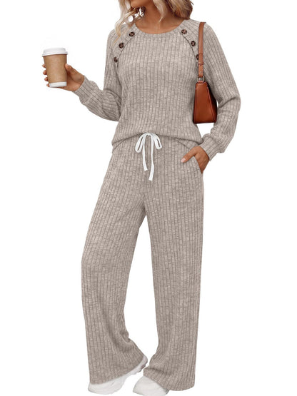 Womens Ribbed Knit 2 Piece Set Button Top Wide Leg Pants
