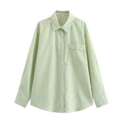 Women's Oversized Striped Button Up Pocket Shirt