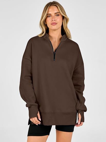 Oversized Half Zip Sweatshirt Side Slit Pullover Tunic
