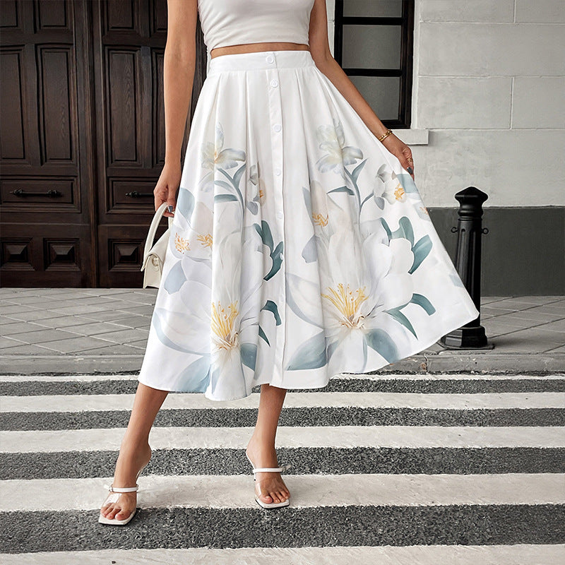 Floral Midi Skirt Button Front A Line Resort Vacation