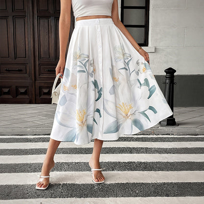 Floral Midi Skirt Button Front A Line Resort Vacation