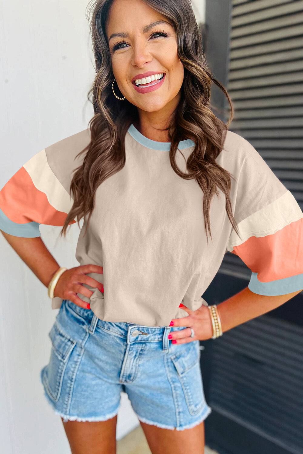 Colorblock Cotton Tee Loose Crew Neck Short Sleeve