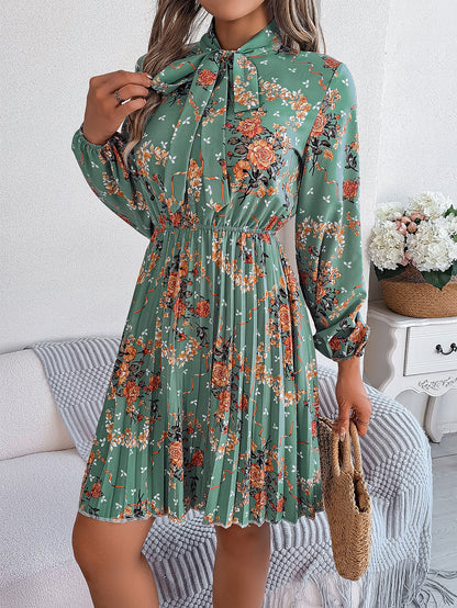 Floral Tie Neck Long Sleeve Pleated Midi Dress