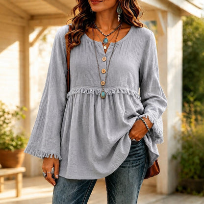 Fringe Trim Button Front Long Sleeve Boho Blouse