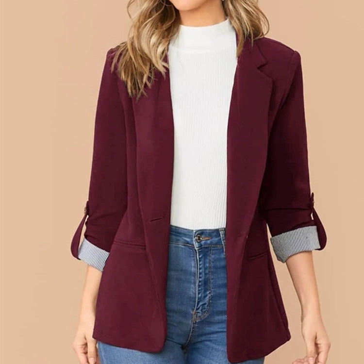 Women Casual Blazer Slim Fit 3/4 Sleeve Striped Cuff
