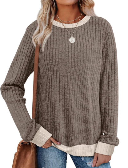 Women's Ribbed Long Sleeve Crew Neck Pullover Top