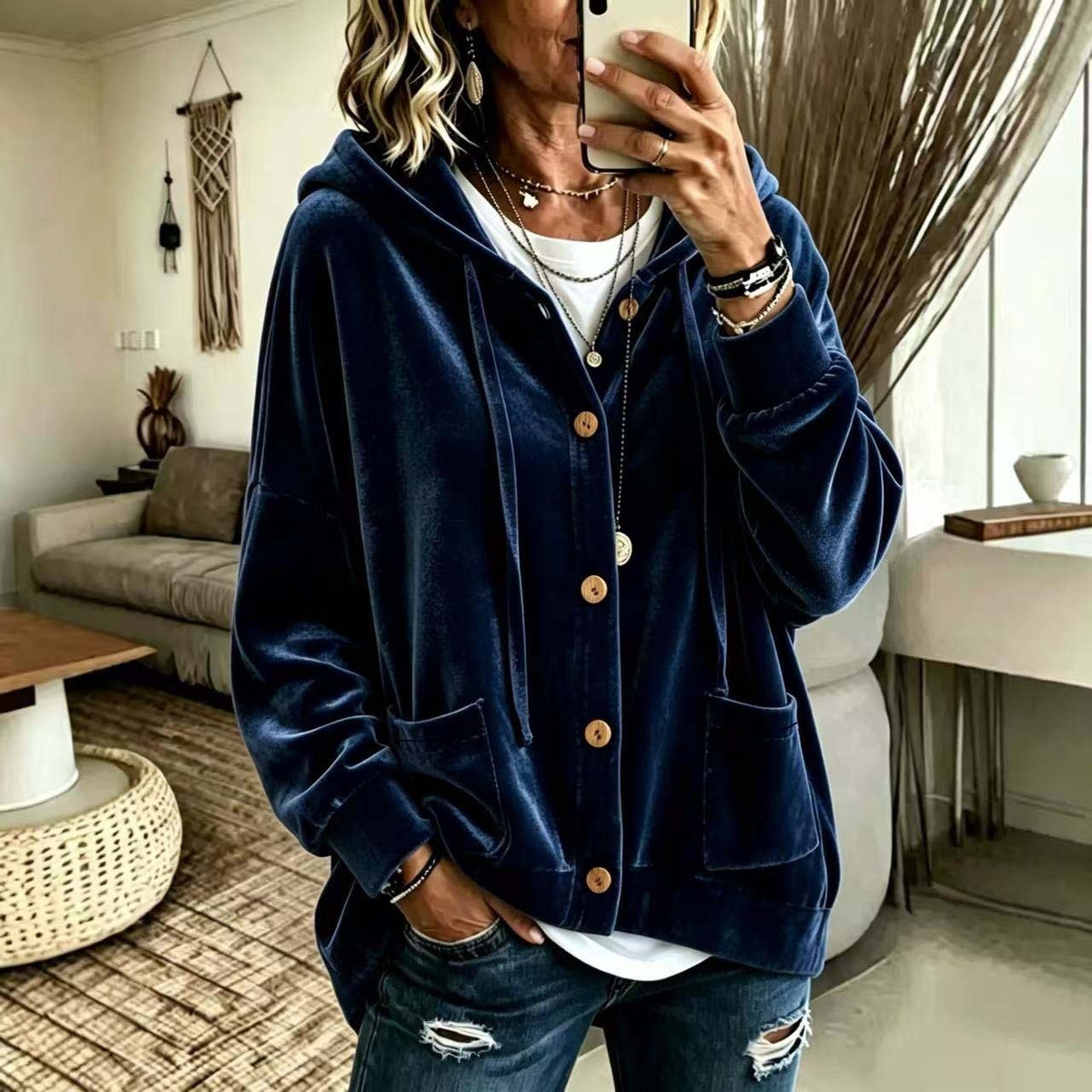 Women's Velvet Hooded Button Up Cardigan