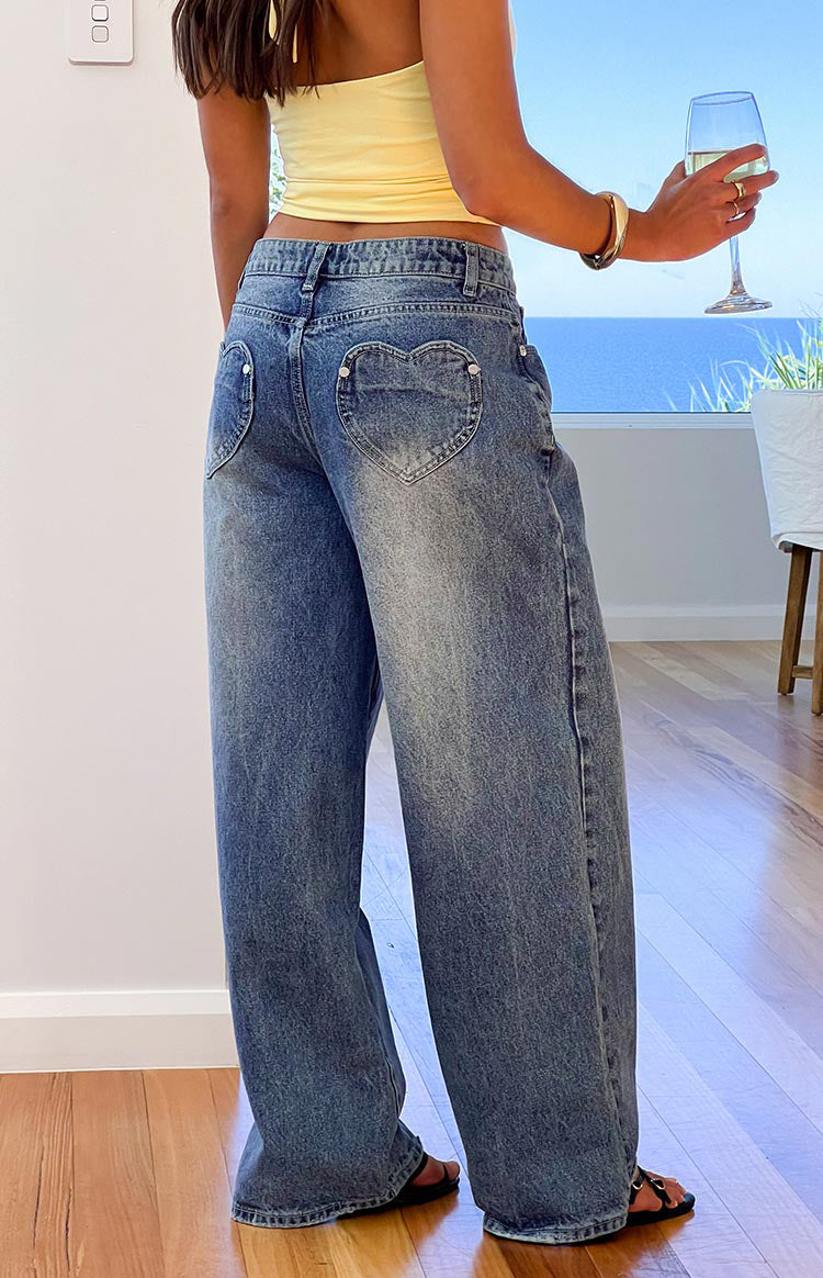 Women's Vintage Washed Wide Leg Heart Pocket Denim Jeans