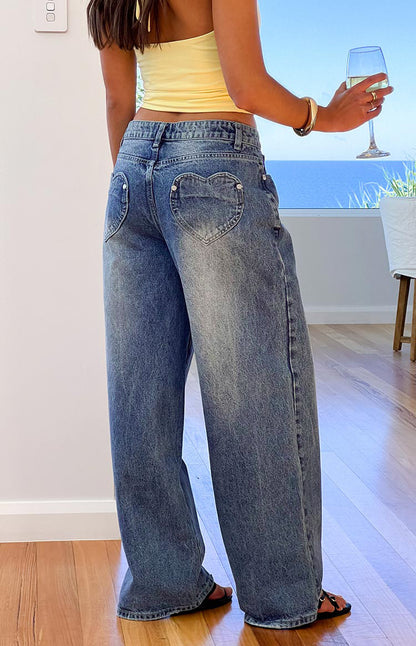 Women's Vintage Washed Wide Leg Heart Pocket Denim Jeans