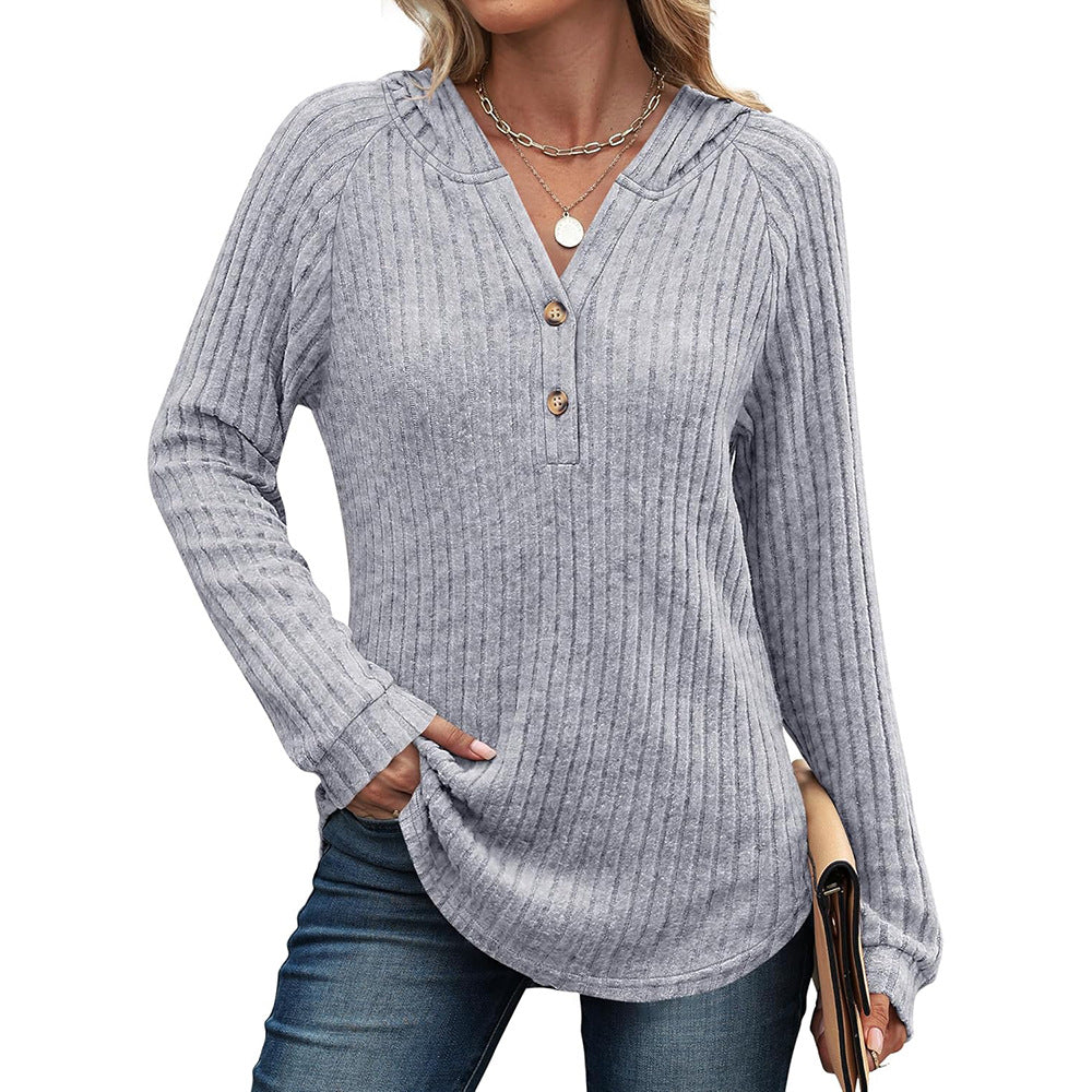 Women's Loose Hooded V Neck Button Ribbed Knit Sweater
