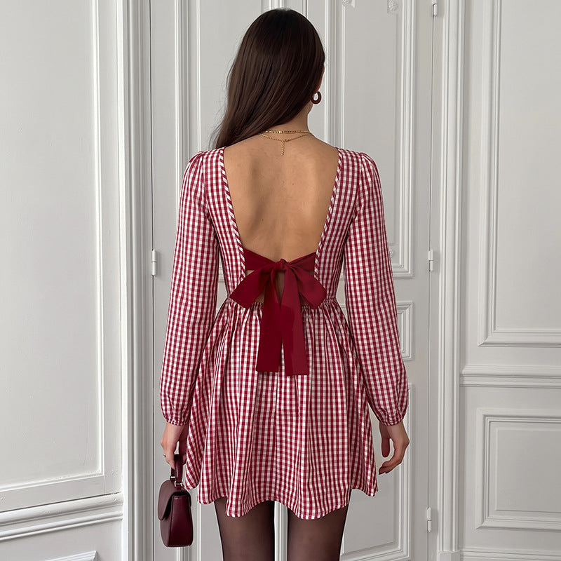 Gingham Bow Back Long Sleeve Christmas Mini Dress