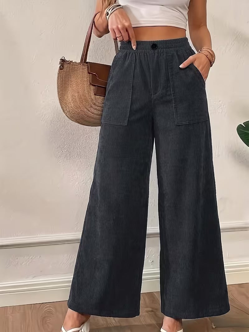 Women's High Waist Ribbed Wide Leg Casual Pants Pockets