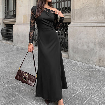 Sexy Black Lace One Shoulder Long Sleeve Maxi Dress