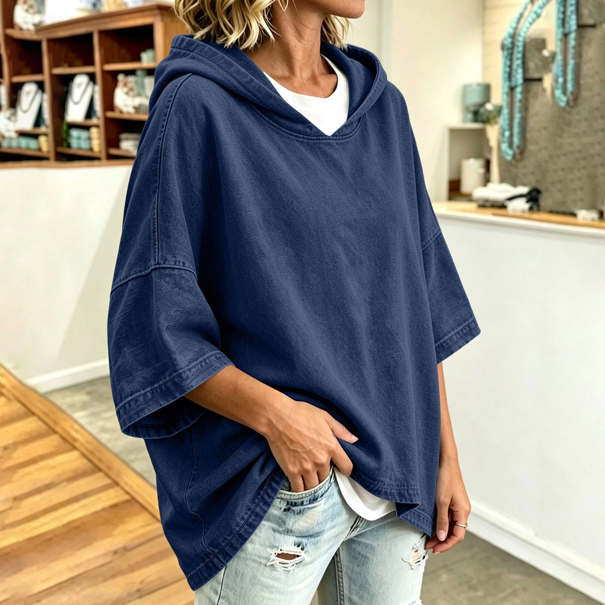 Women's Oversized Denim Hoodie 3/4 Sleeve Pullover Top