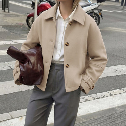 Textured Cropped Coat Lapel Button Front Jacket