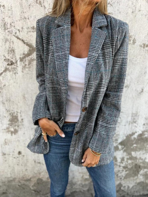 Women's Houndstooth Blazer Jacket Plaid Casual Outerwear
