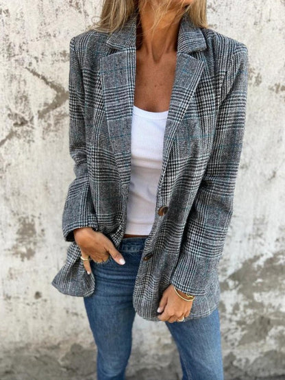 Women's Houndstooth Blazer Jacket Plaid Casual Outerwear