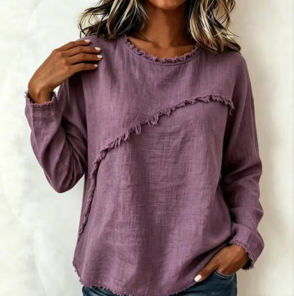Women's Fringe Trim Crew Neck Long Sleeve Boho Top