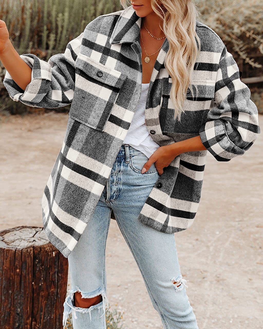 Women’s Plaid Flannel Shacket Oversized Button Jacket