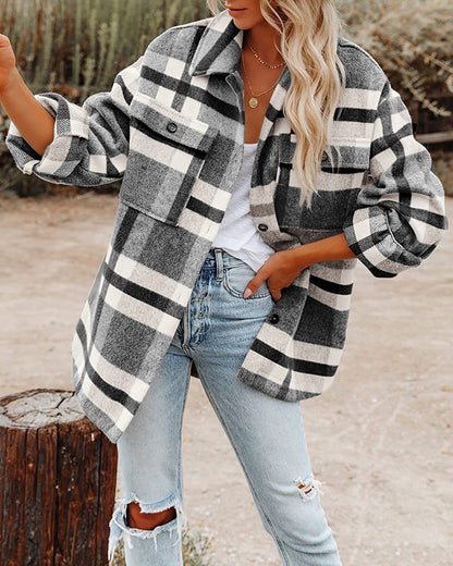 Women’s Plaid Flannel Shacket Oversized Button Jacket