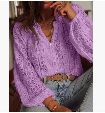 Women's Crochet Balloon Sleeve V Neck Blouse