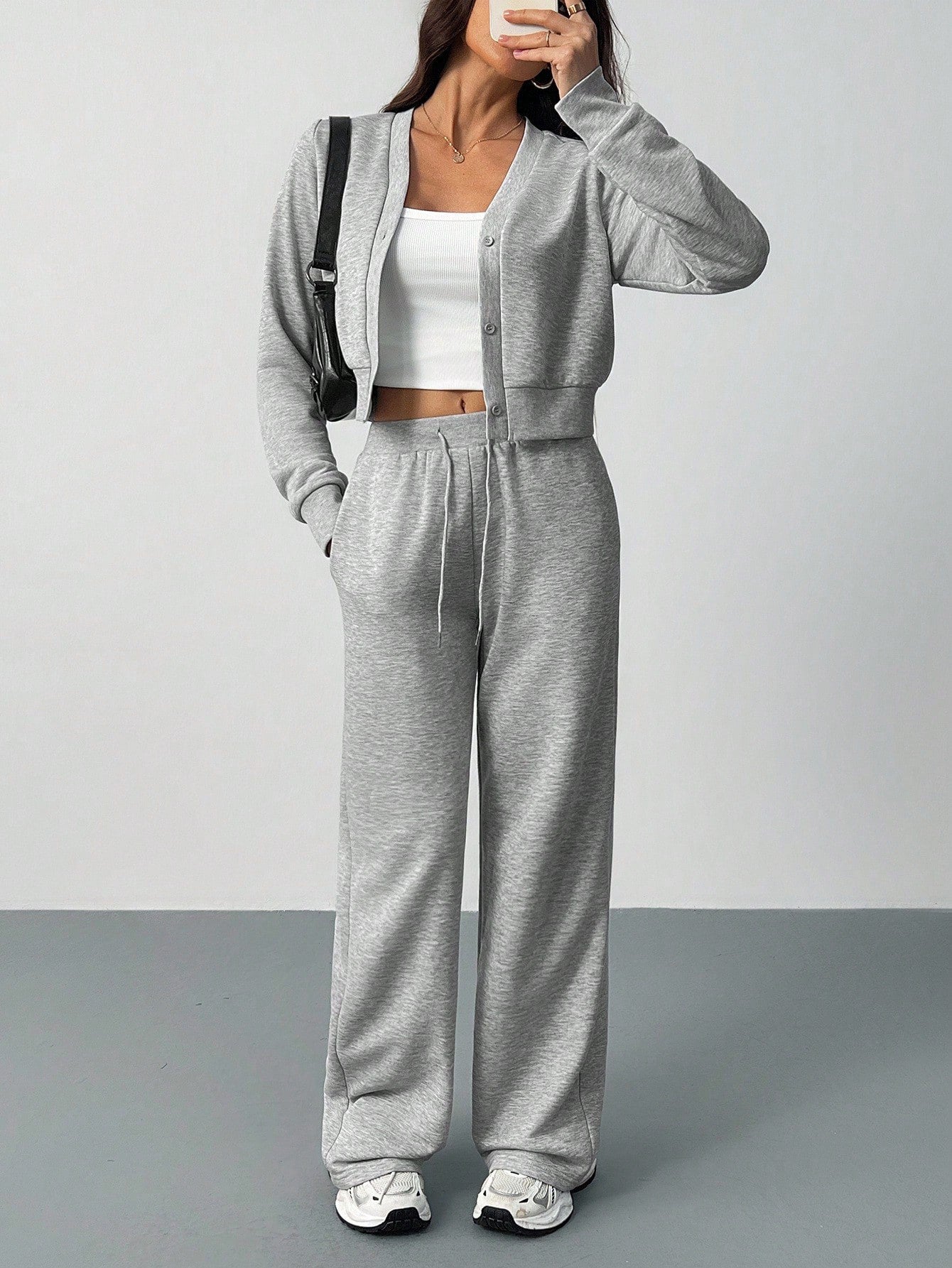 Womens Matching Set Crop Cardigan Wide Leg Sweatpants