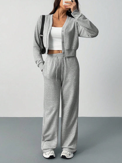 Womens Matching Set Crop Cardigan Wide Leg Sweatpants