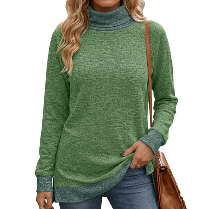 Color Block Turtleneck Long Sleeve Side Slit Tunic Top
