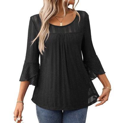 Elegant Round Neck Lotus Leaf Sleeve Mesh Top