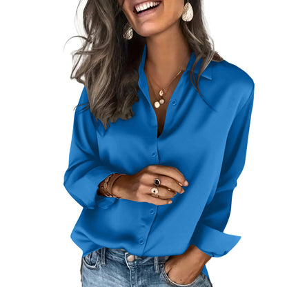 Women's Satin Long Sleeve Button Down Blouse