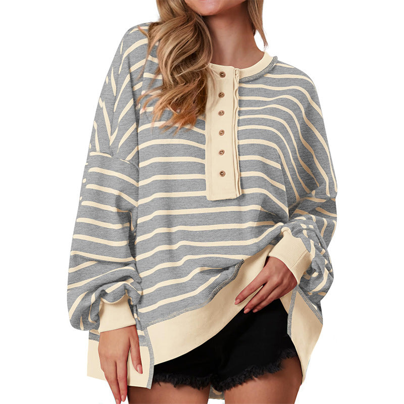 Women's Oversized Striped Waffle Knit Henley Tunic Top