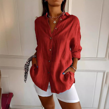 Women's Pleated Collared Button Down Blouse Roll Tab Sleeve