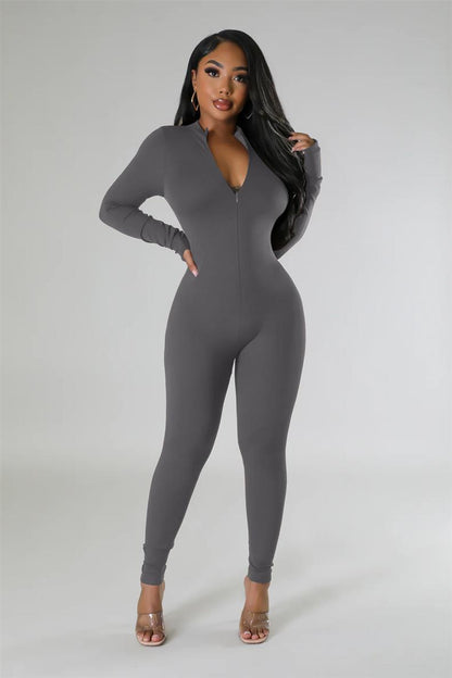 Fleece Lined Zip Up Long Sleeve Bodycon Jumpsuit