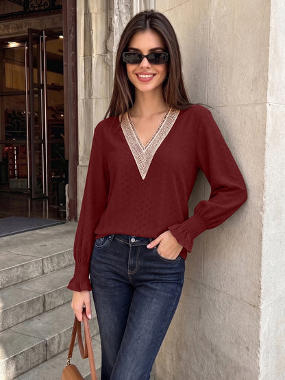Women's V-Neck Lace Trim Blouse Long Sleeve Smocked Cuffs