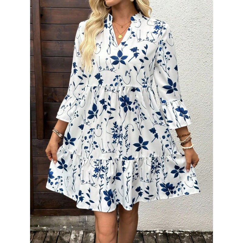 Boho V-Neck Tiered Midi Dress Floral A-Line Summer