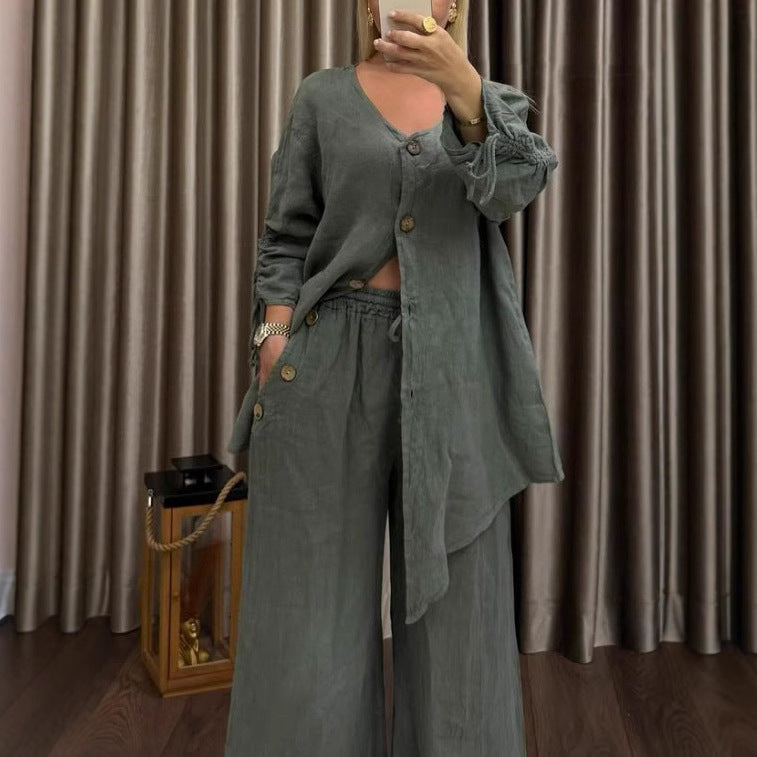 Women's Linen Two Piece Cardigan Wide Leg Pants Set