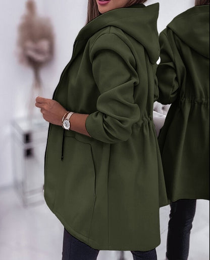 Women's Hooded Drawstring Waist Zip Up Mid Length Jacket