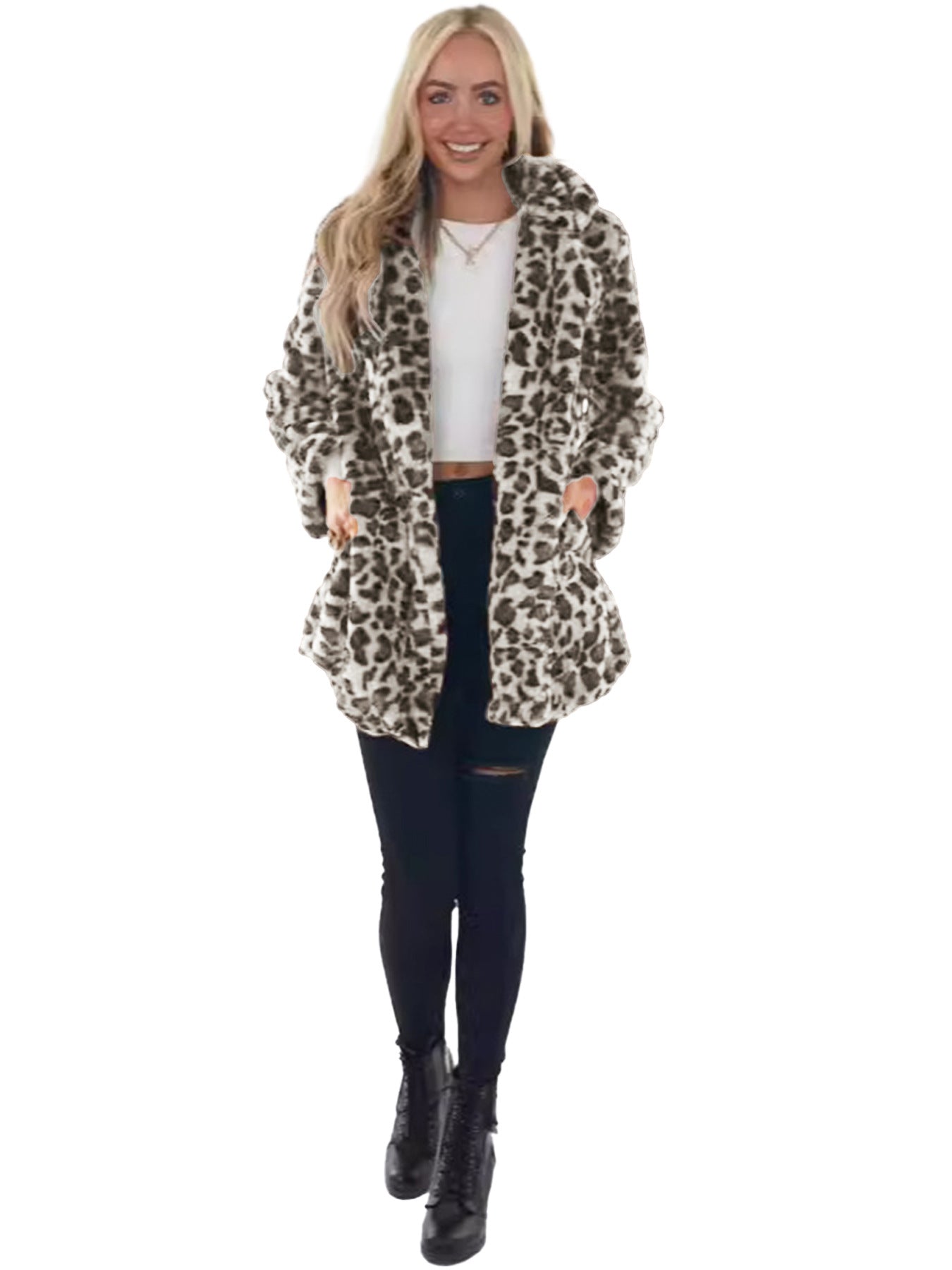 Women's Leopard Faux Fur Coat Open Front Oversized