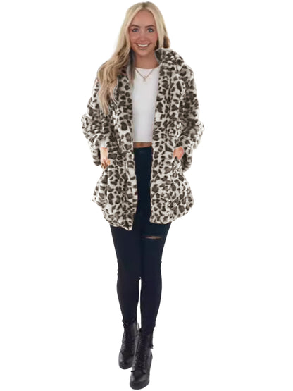 Women's Leopard Faux Fur Coat Open Front Oversized