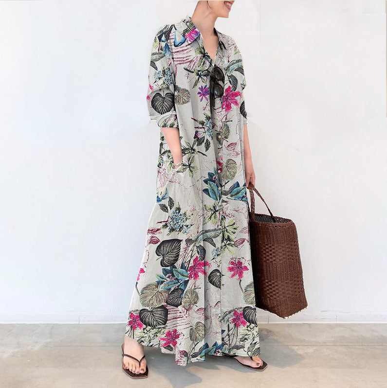 Floral Maxi Shirt Dress Long Sleeve Pockets