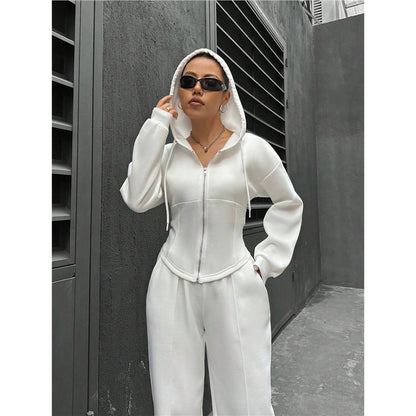 Fitted Zip Hoodie Wide Leg Sweatpants Two Piece Set