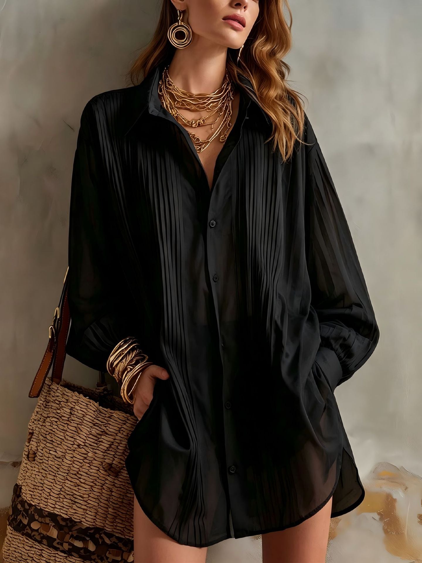 Women's Oversized Pleated Collared Shirt Long Sleeve Blouse